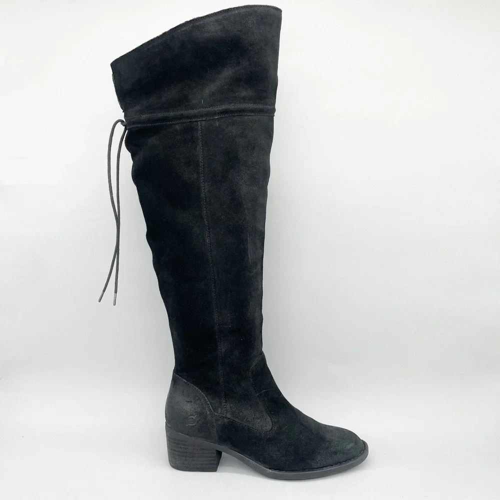 Born Womens 9.5M Gallinara Boot Over The Knee Black Distressed Suede Riding Boho